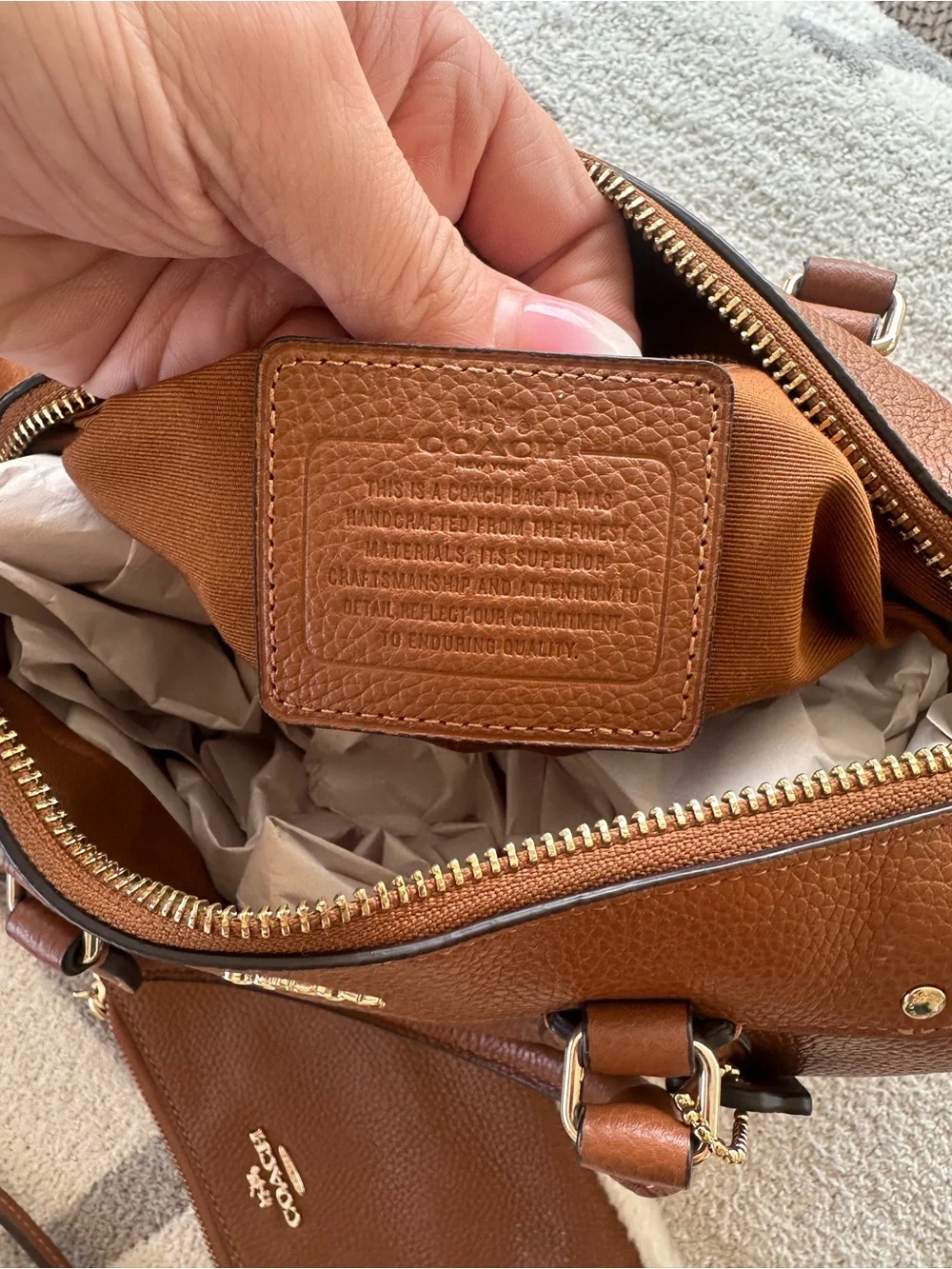 Coach Chestnut Brown Pebbled Leather Satchel with Shearling Trim